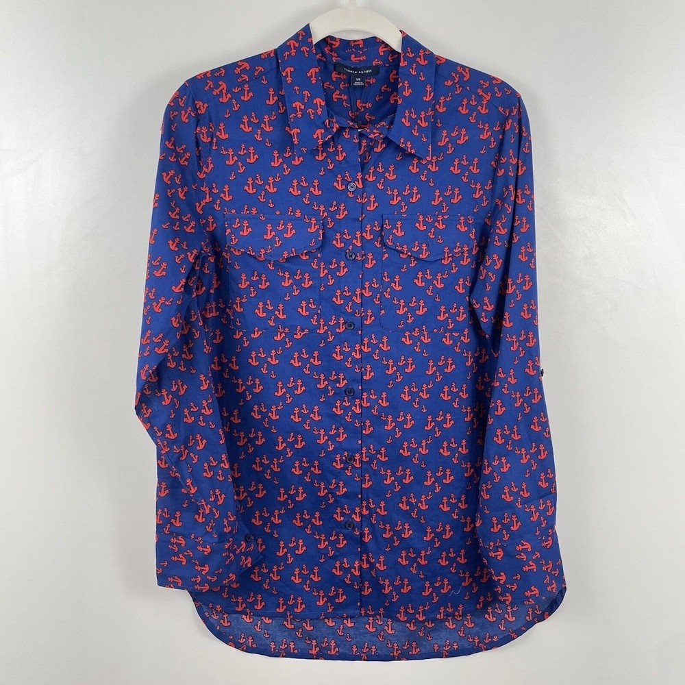Tommy Hilfiger Womens Shirt Blue Medium Cotton Anchor Print ButtonUp Lon…